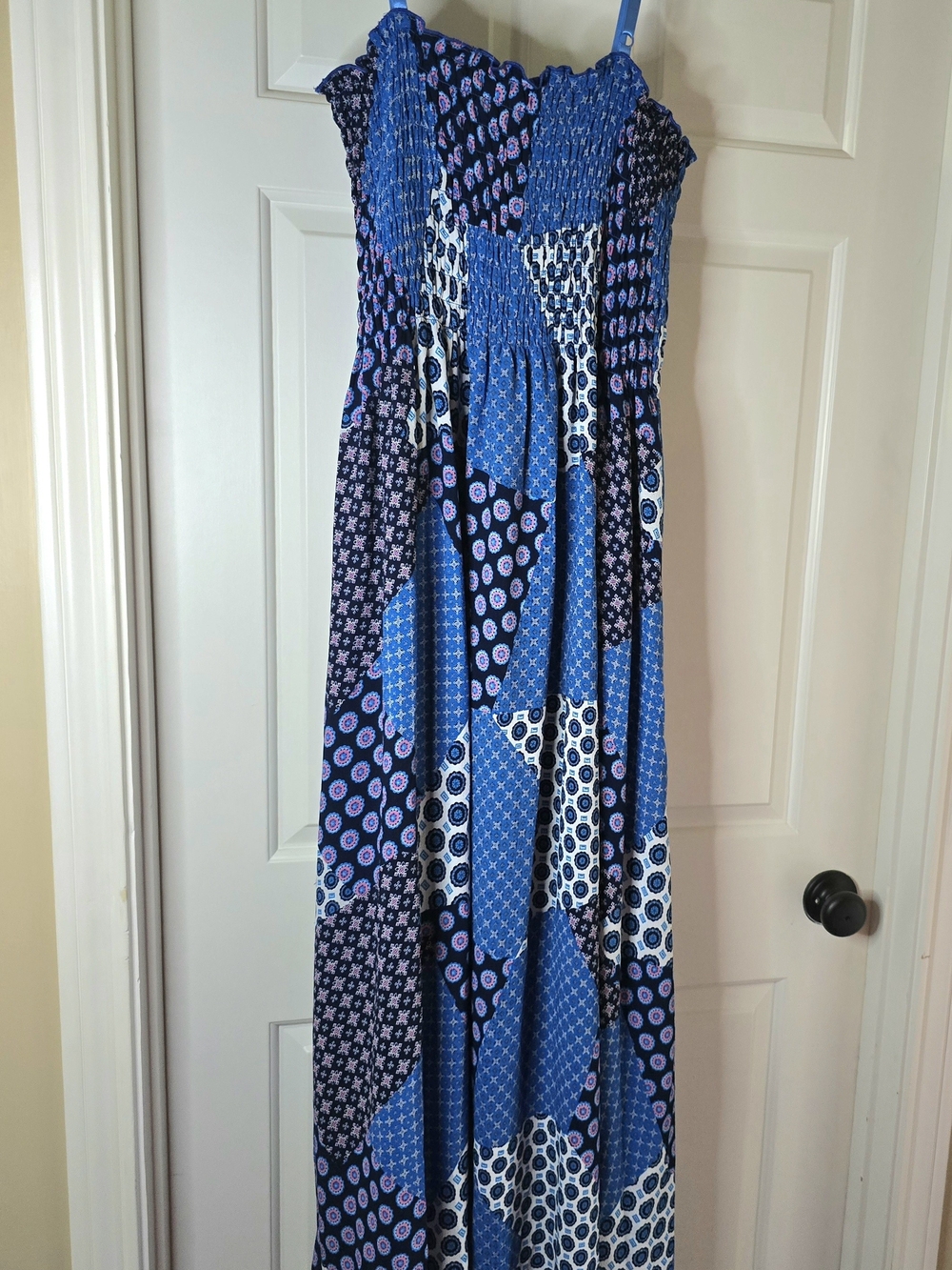 Blue Patterned Smocked Maxi Dress with Spaghetti Straps - Picture 6 of 8